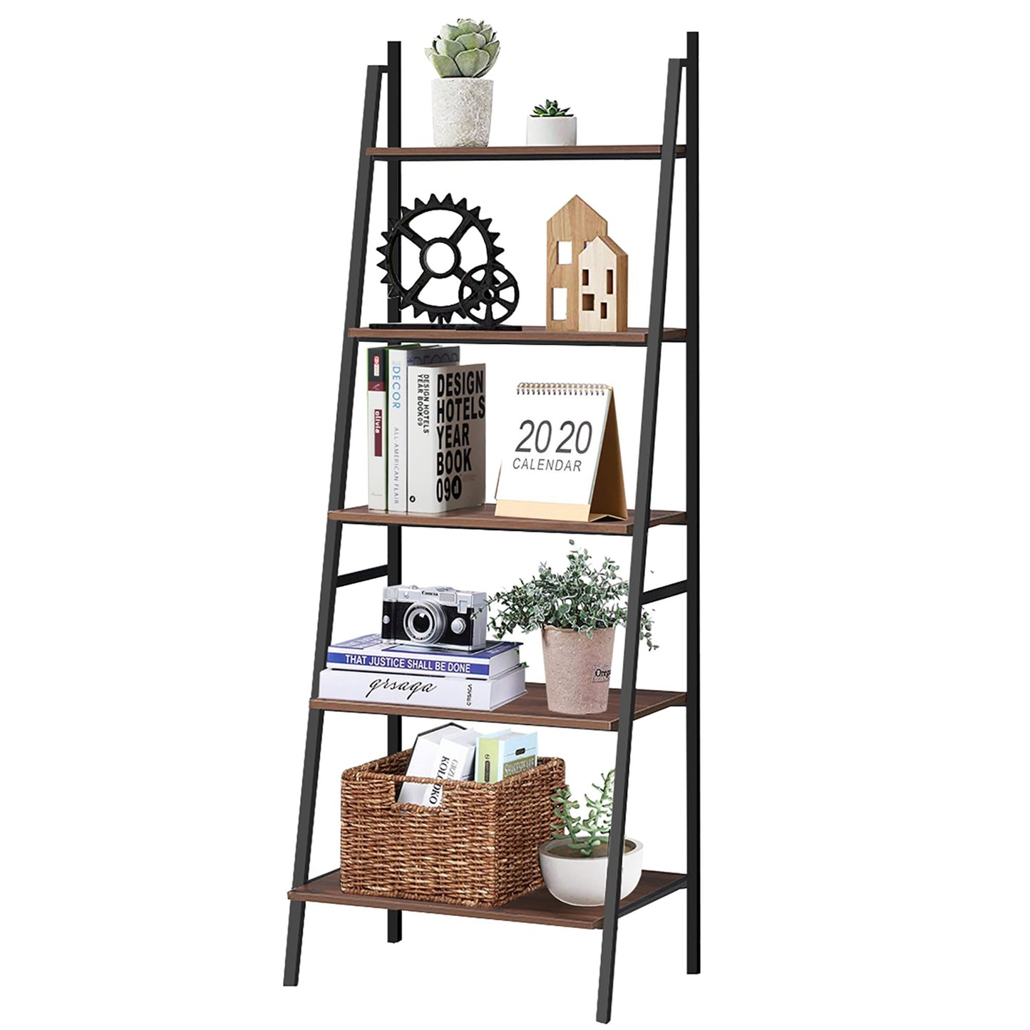 Costway  Ladder Shelf Rustic 5 Tier Leaning Bookshelf Wood Iron Bookcase