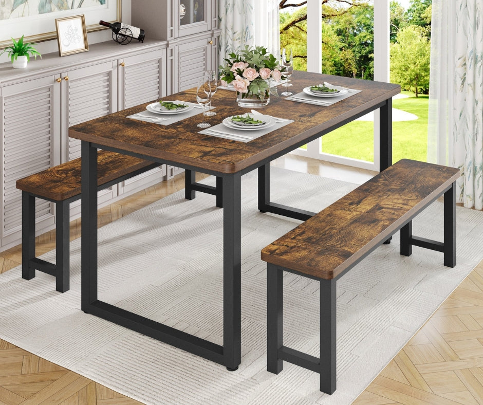 Costway Dining Table Set with 2 Benches, 3 Piece Dining Room Sets (Brown)