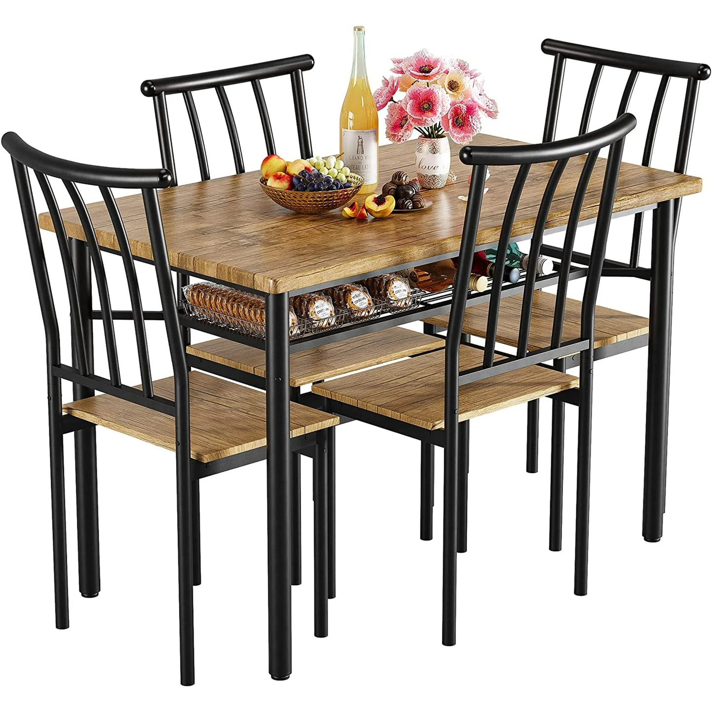 Costway Dining Table Set for 4 Iron and Wood Indoor Modern Rectangular 5-Piece Dining Table Furniture Set (Rustic Brown)