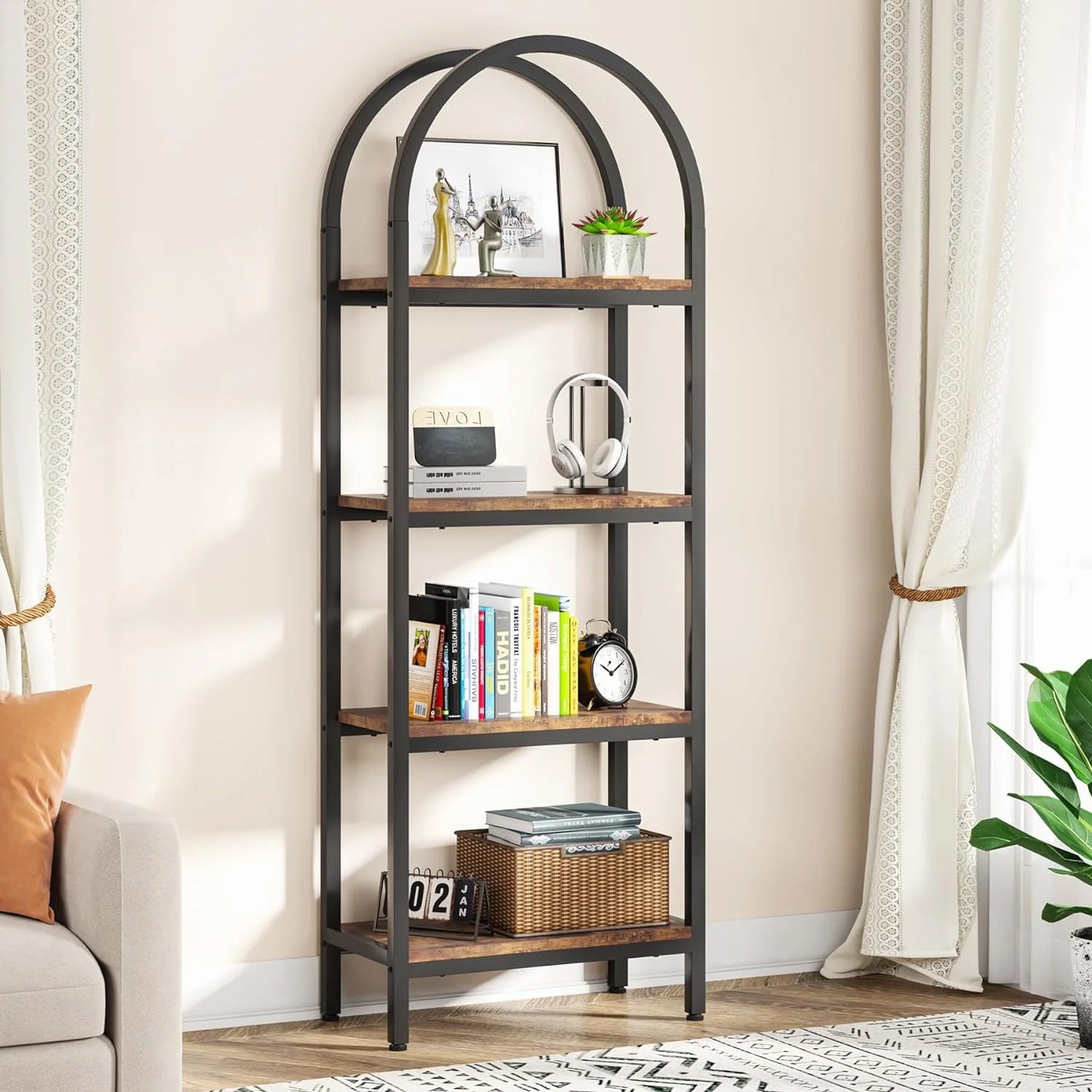 Costway 4-Tier Brown Wood & Iron Frame Book Shelf