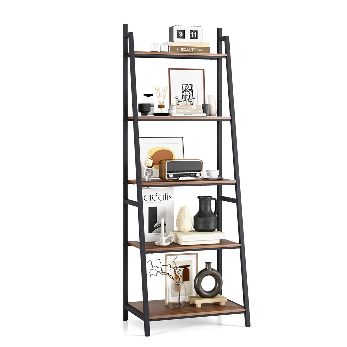 Costway  Ladder Shelf Rustic 5 Tier Leaning Bookshelf Wood Iron Bookcase