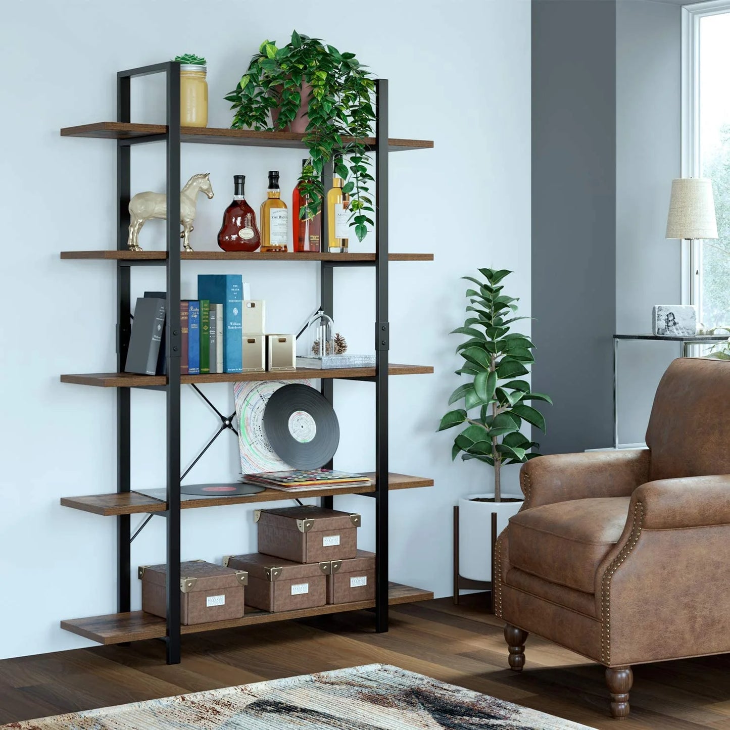 Costway 5-Tier Open Bookshelf, Arched Bookcase, Wood and Metal Display Rack, for Office, Living Room