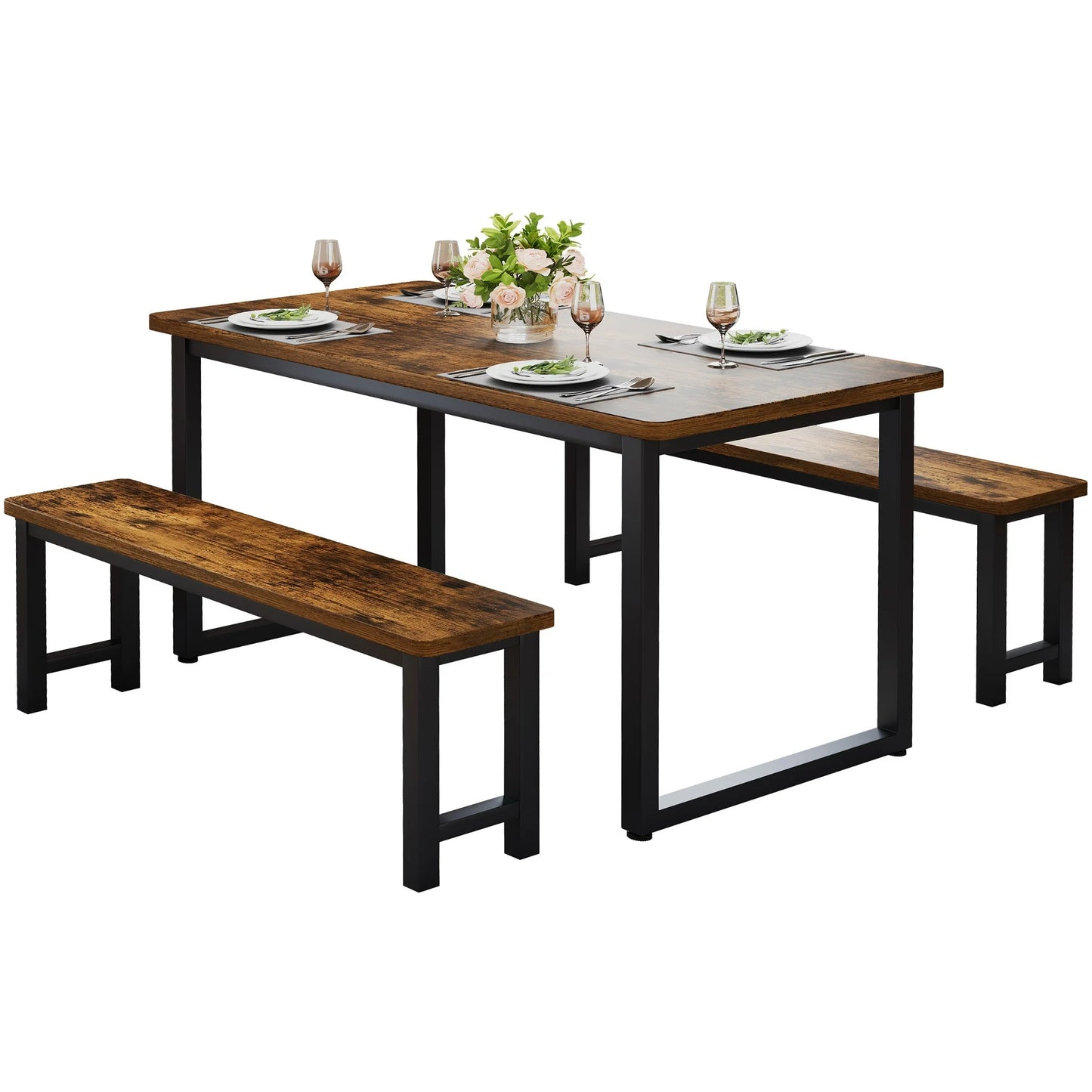 Costway Dining Table Set with 2 Benches, 3 Piece Dining Room Sets (Brown)