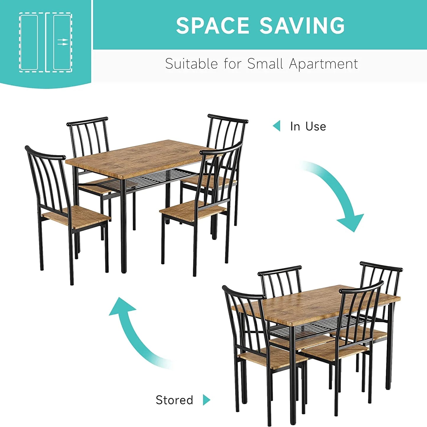 Costway Dining Table Set for 4 Iron and Wood Indoor Modern Rectangular 5-Piece Dining Table Furniture Set (Rustic Brown)