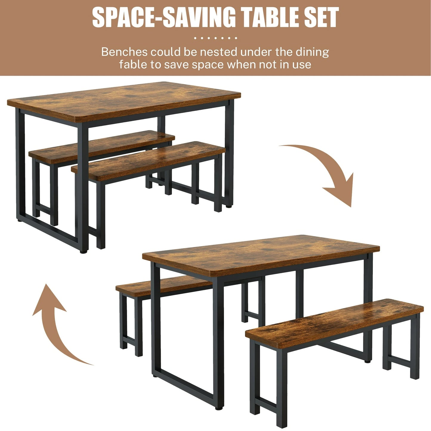 Costway Dining Table Set with 2 Benches, 3 Piece Dining Room Sets (Brown)