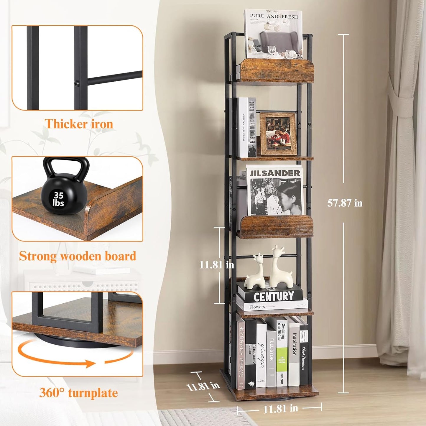 Costway 5-Tier Tall Bookshelf for Corner, Small Bookshelf for Small Spaces