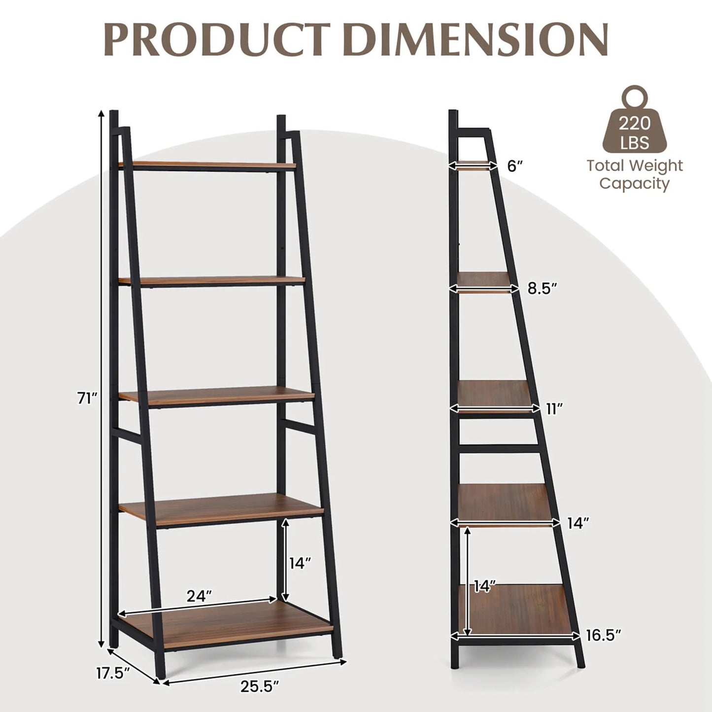 Costway  Ladder Shelf Rustic 5 Tier Leaning Bookshelf Wood Iron Bookcase