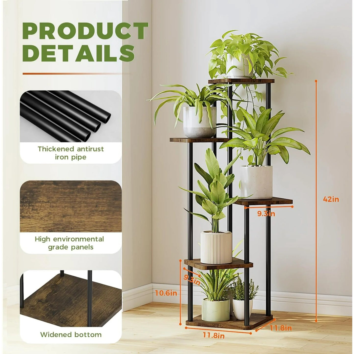 Costway Outdoor 5-Tier Wood & Metal Plant Holder(Brown)