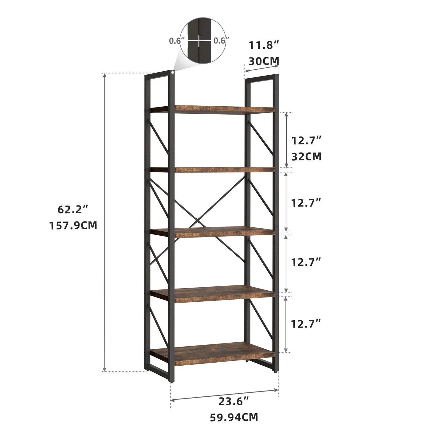 Costway  5-Tier Bookshelf Sturdy Wood Storage Bookcase Shelves with Iron Frame