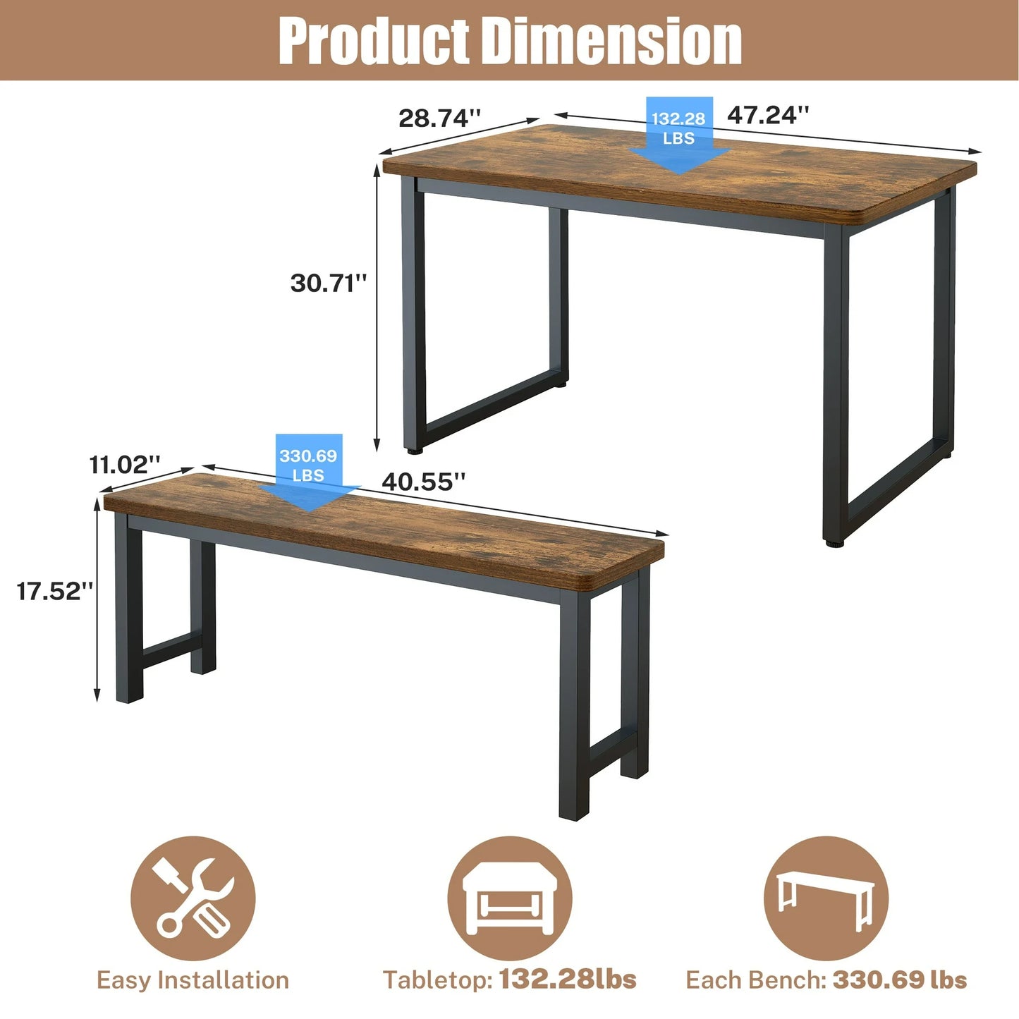 Costway Dining Table Set with 2 Benches, 3 Piece Dining Room Sets (Brown)