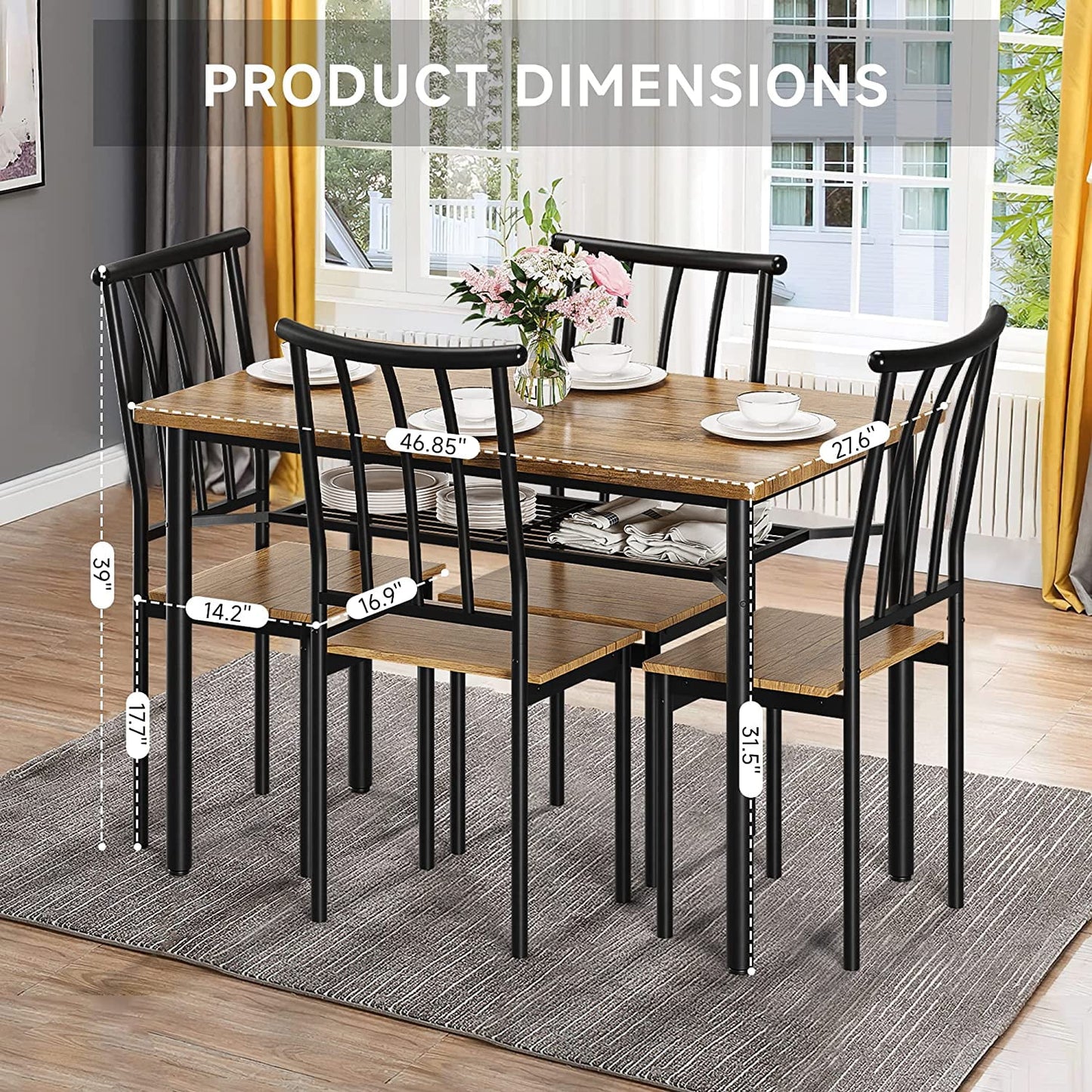 Costway Dining Table Set for 4 Iron and Wood Indoor Modern Rectangular 5-Piece Dining Table Furniture Set (Rustic Brown)