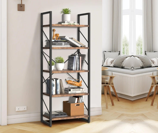 Costway  5-Tier Bookshelf Sturdy Wood Storage Bookcase Shelves with Iron Frame