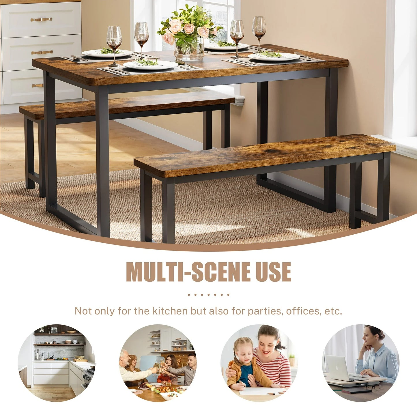 Costway Dining Table Set with 2 Benches, 3 Piece Dining Room Sets (Brown)