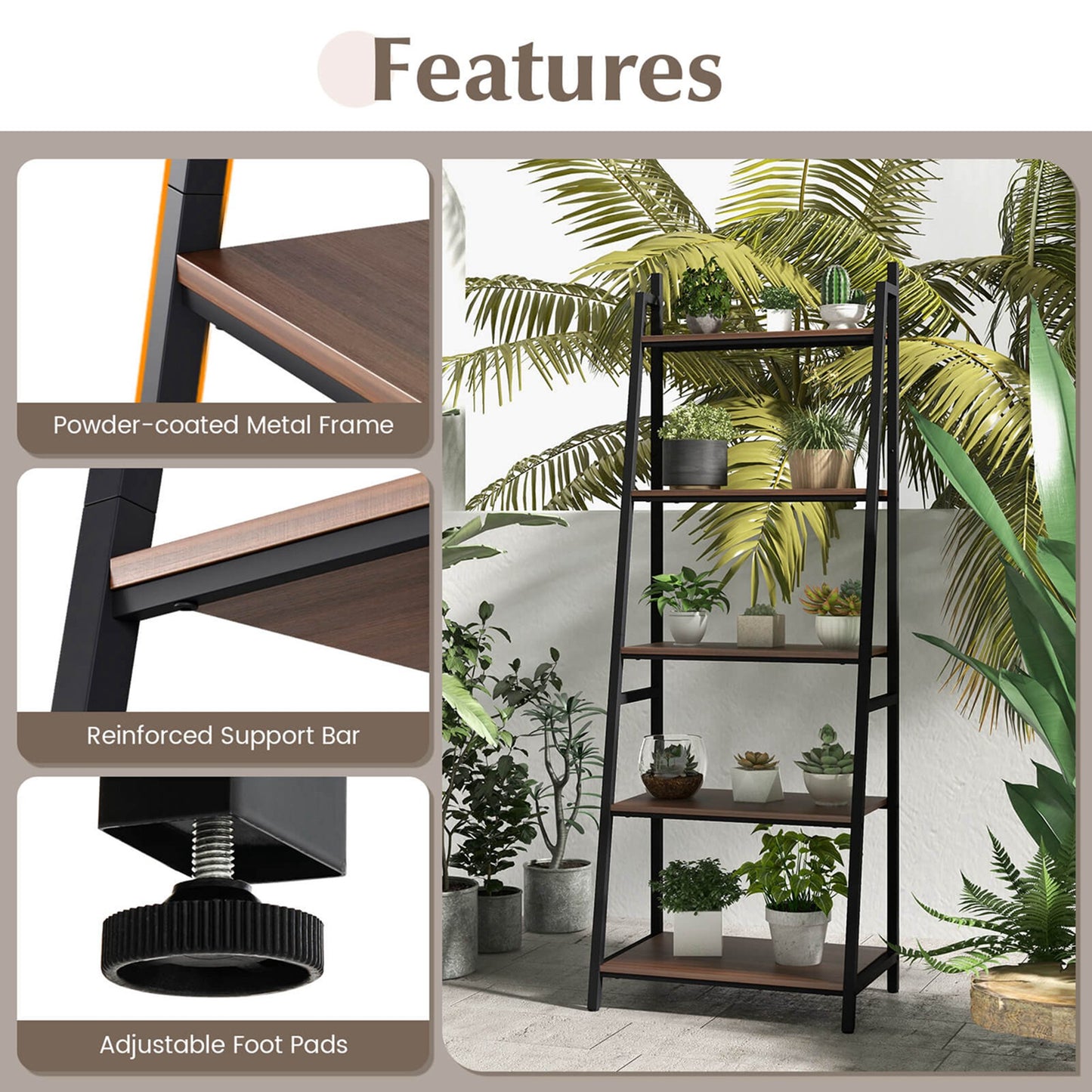 Costway  Ladder Shelf Rustic 5 Tier Leaning Bookshelf Wood Iron Bookcase