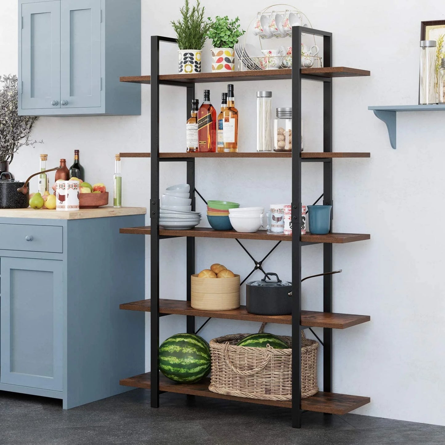 Costway 5-Tier Open Bookshelf, Arched Bookcase, Wood and Metal Display Rack, for Office, Living Room