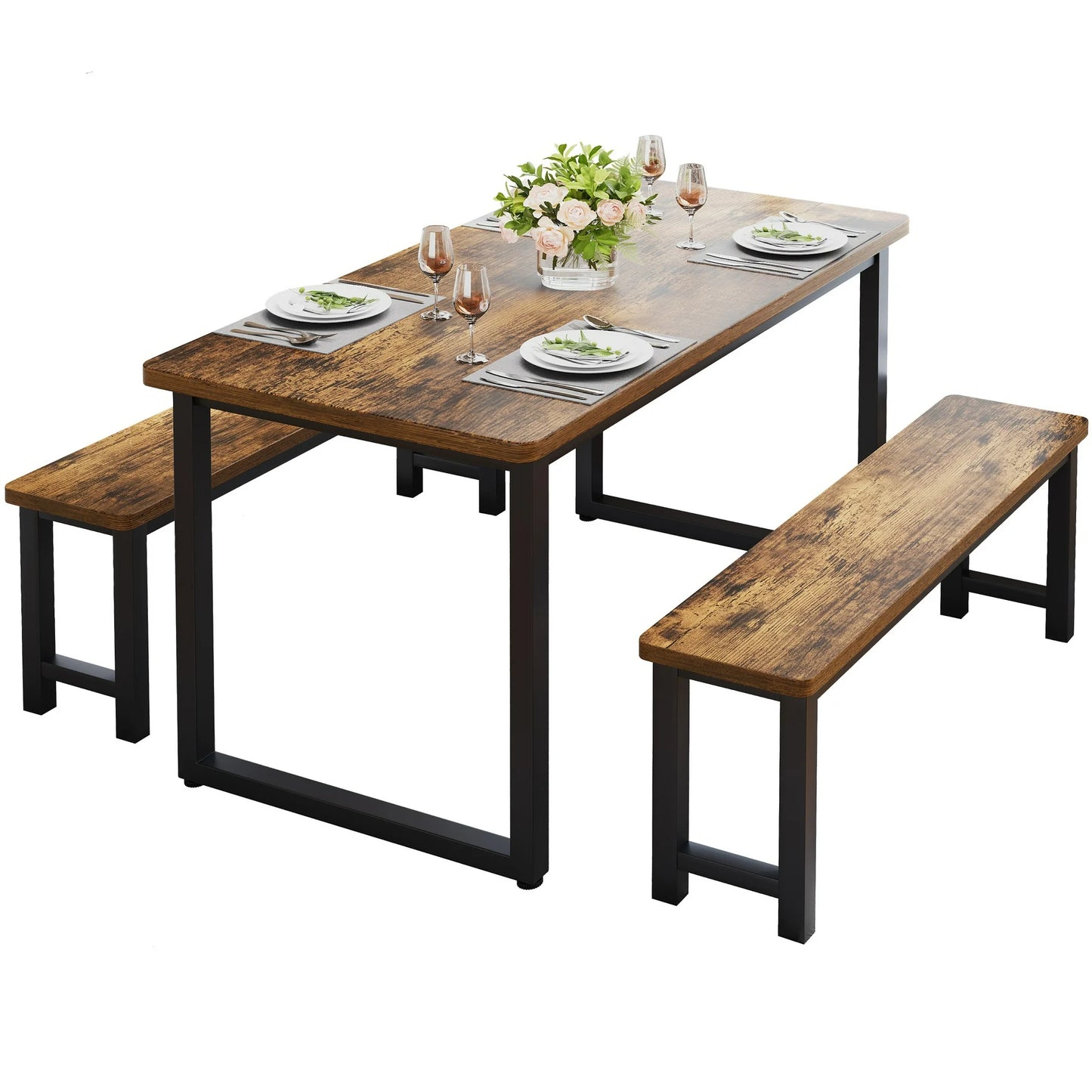 Costway Dining Table Set with 2 Benches, 3 Piece Dining Room Sets (Brown)