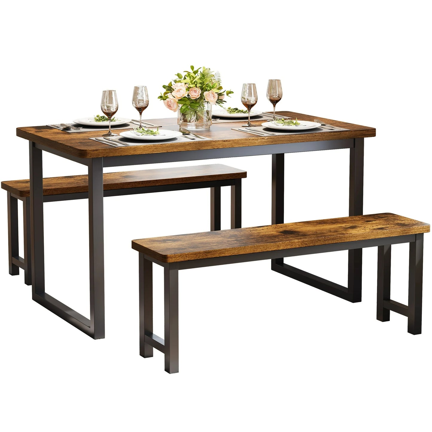 Costway Dining Table Set with 2 Benches, 3 Piece Dining Room Sets (Brown)