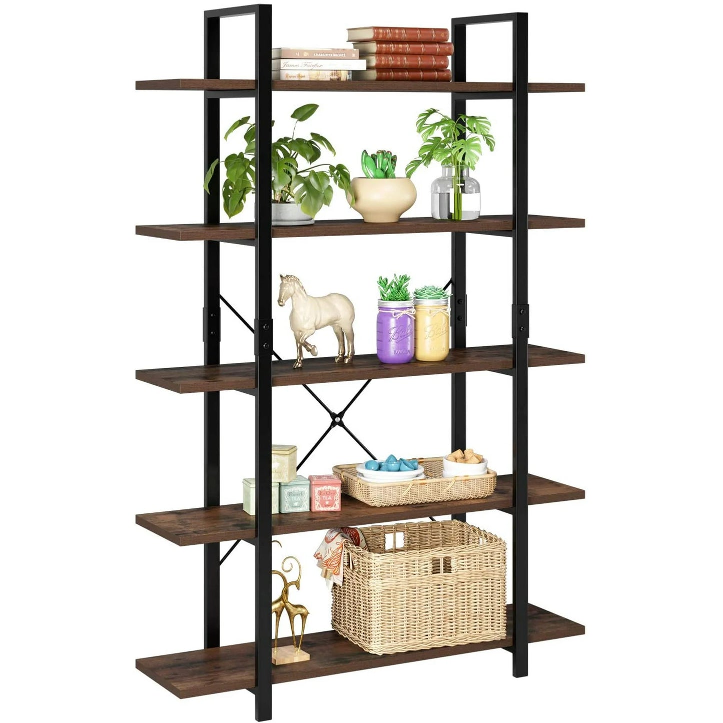 Costway 5-Tier Open Bookshelf, Arched Bookcase, Wood and Metal Display Rack, for Office, Living Room